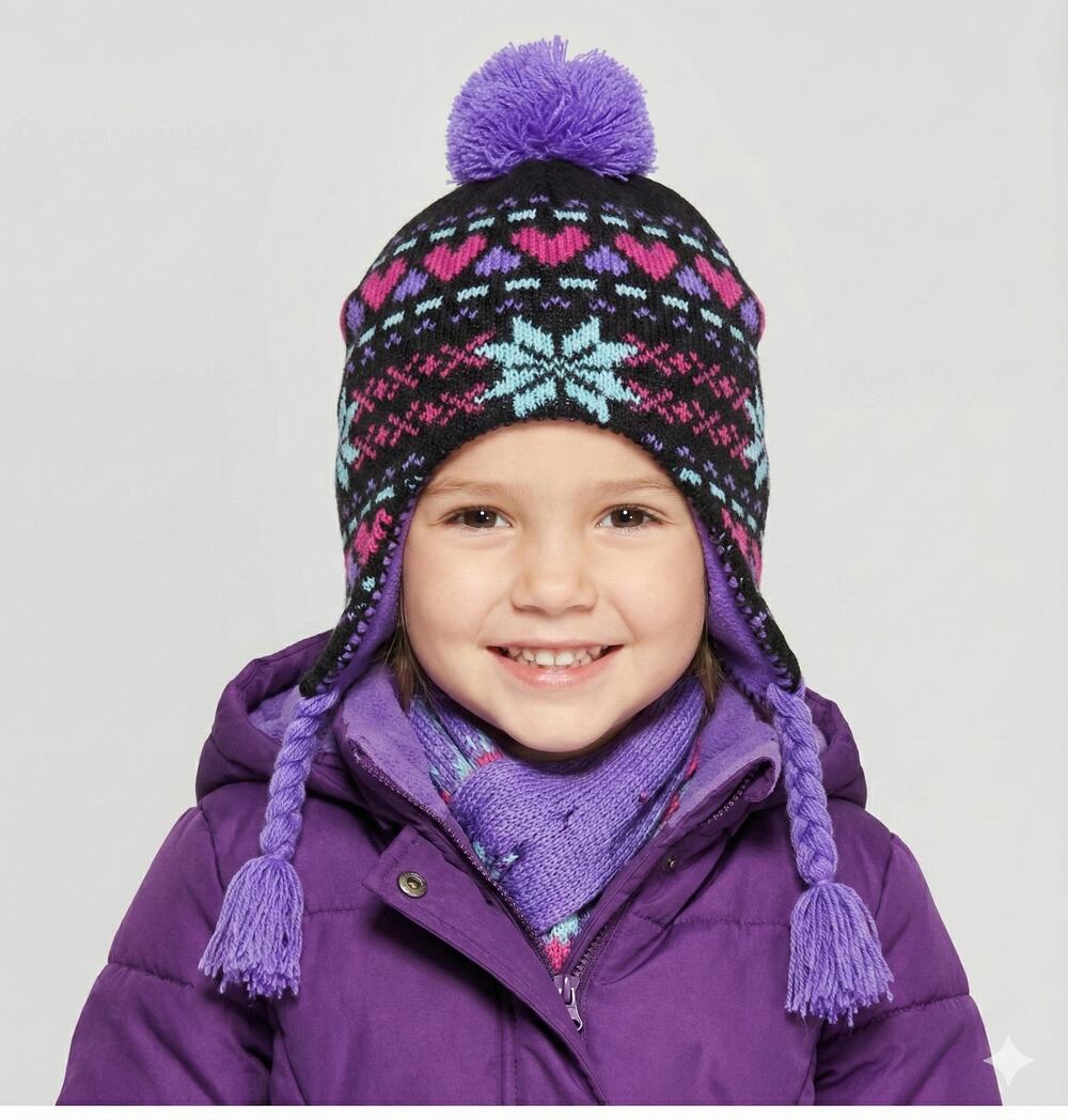 Girls Youth Trapper Hat Black Pink Hearts Snowflake Purple Braided Strap Pom Pom